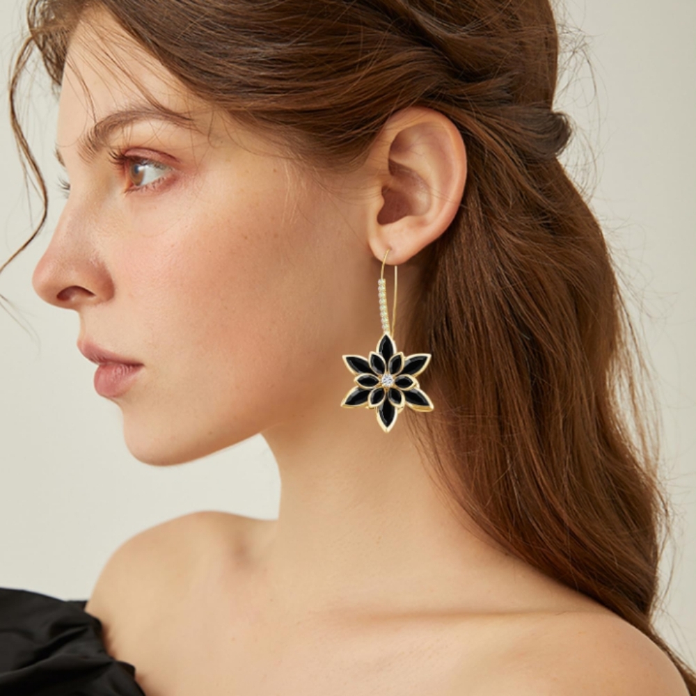 Black Flower Blossoms Floral Charm Dangle Earrings Oversized Wire Rhinestone New
